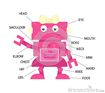 My body parts educational infographic kids poster vector template. Cute robot showing names. Cartoon anatomy childish printable ba Vector Illustration